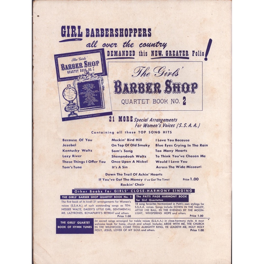 Vintage The Girls Barber Shop Quartet Book No 4 SSAA Sheet Music Chas H Hansen - Picture 2 of 2
